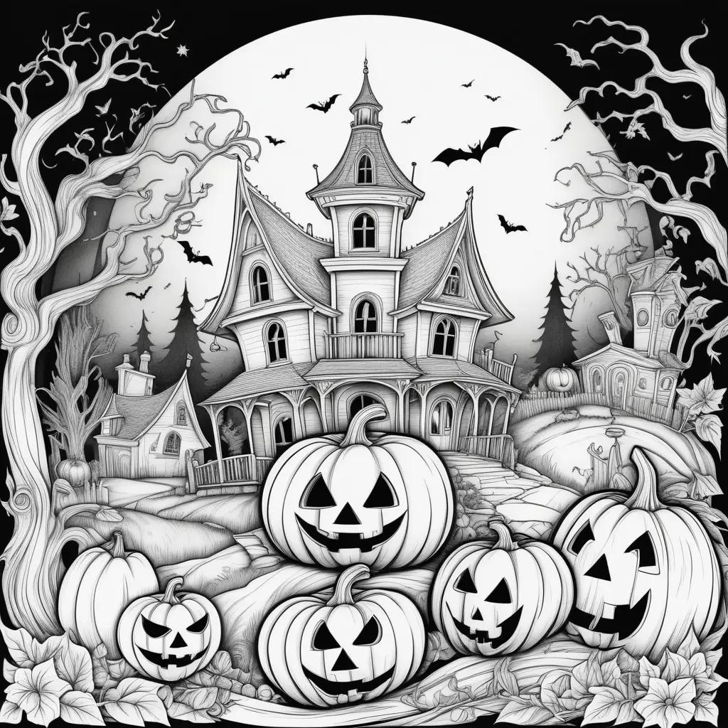 spooky Halloween coloring page with pumpkins and bats