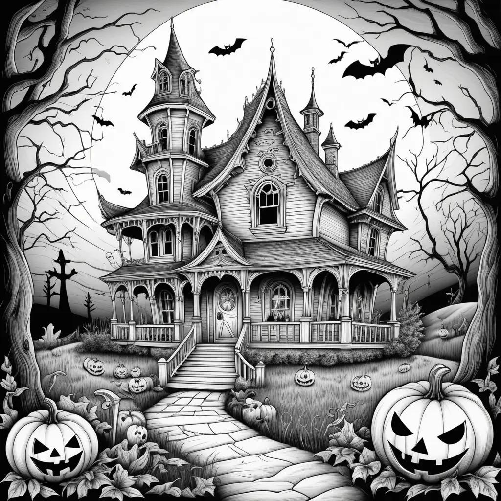 spooky Halloween drawing with scary pumpkins and a haunted house