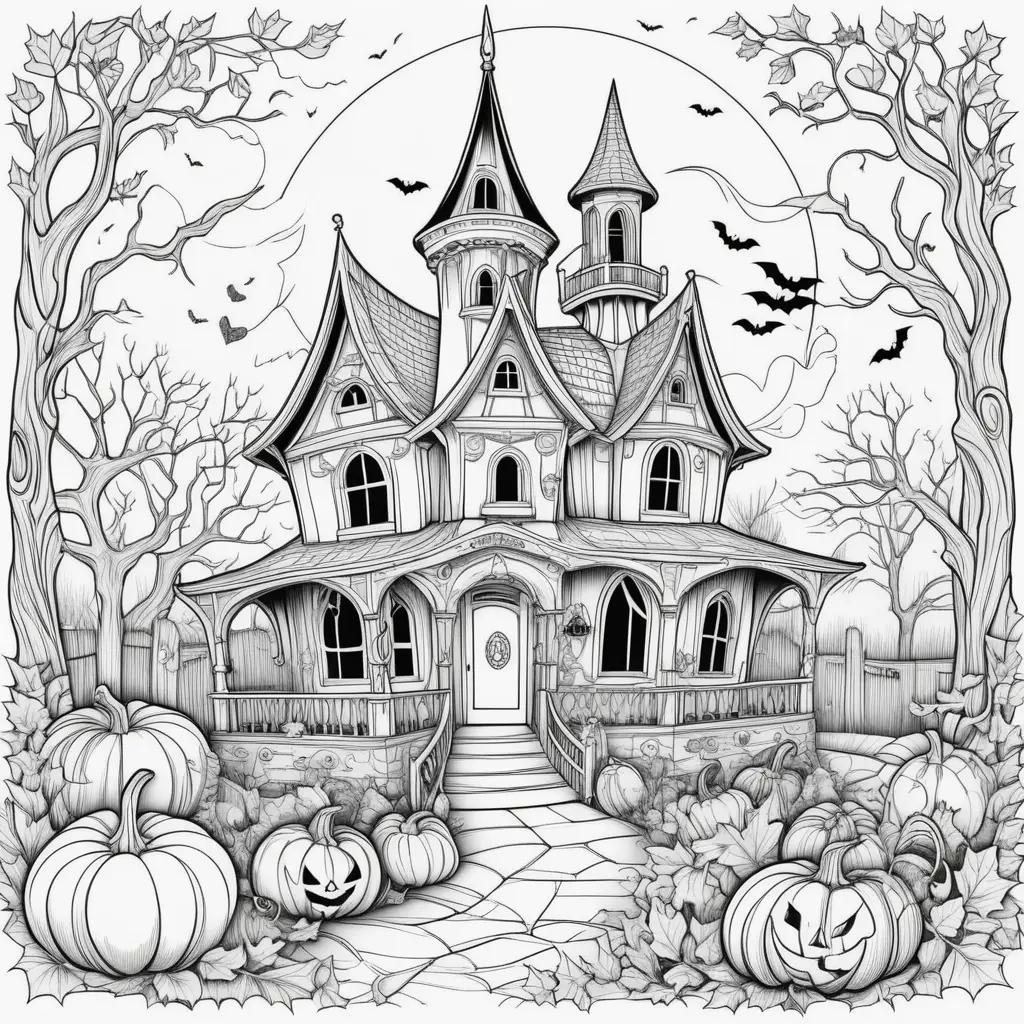 spooky adult Halloween coloring page with a castle and pumpkins