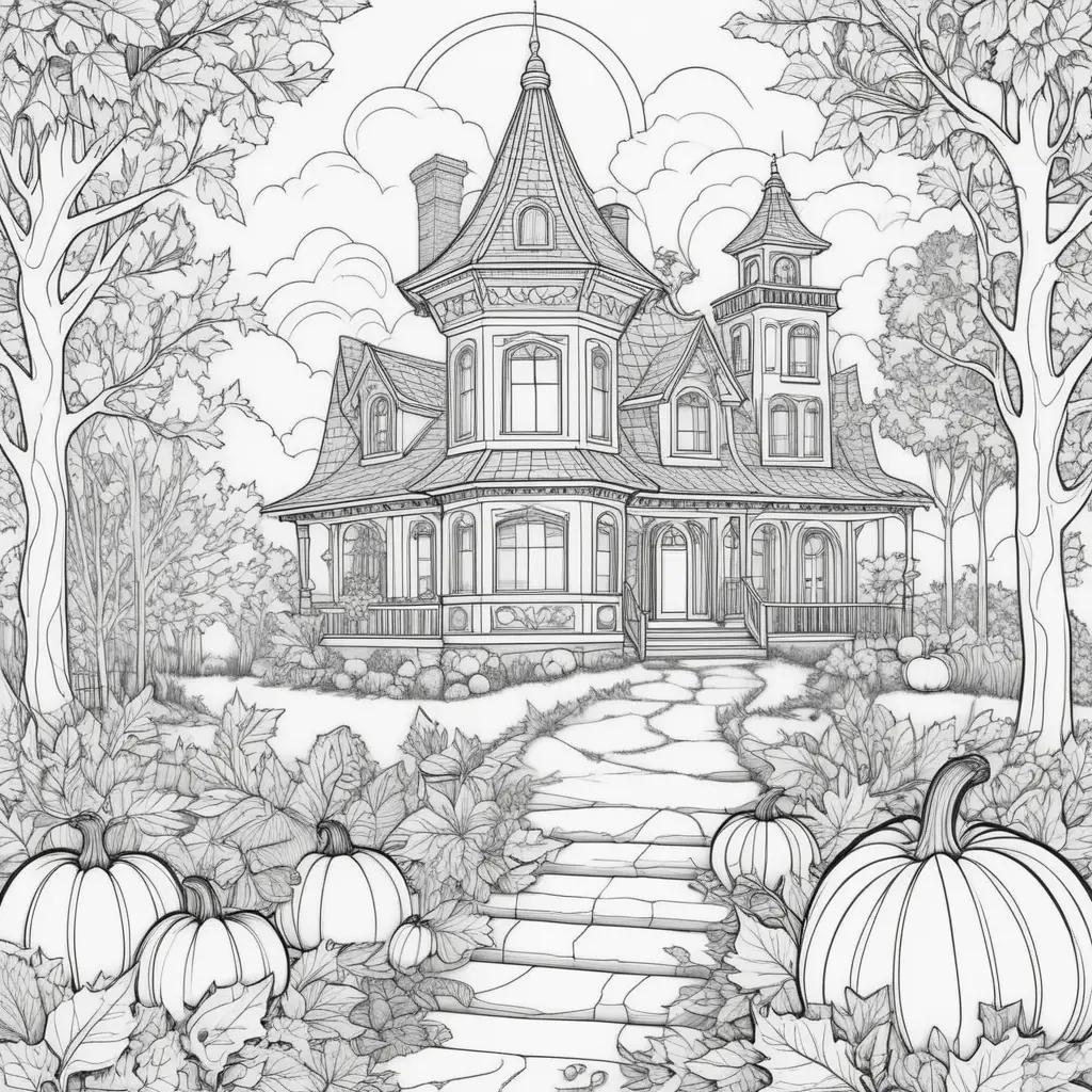 spooky adult coloring page of a house with pumpkins