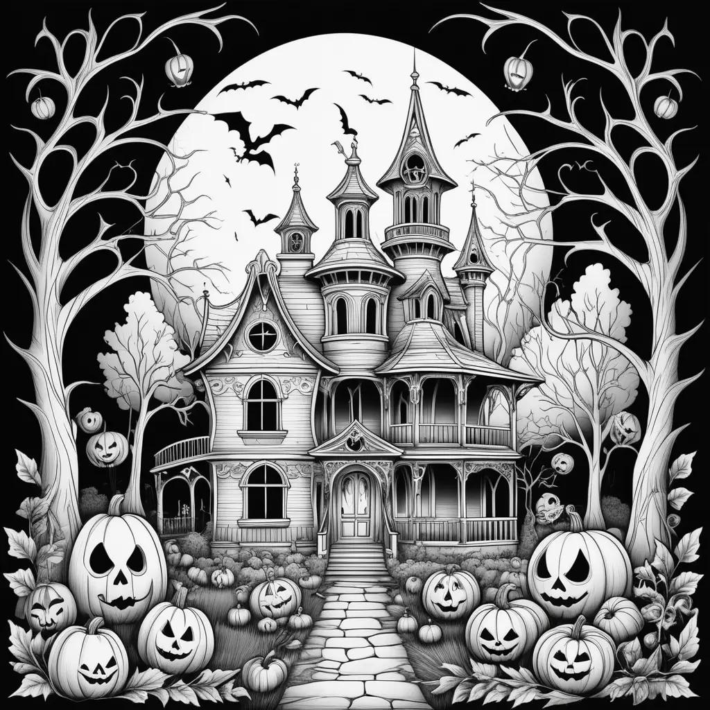 spooky coloring page features a Halloween house with pumpkins