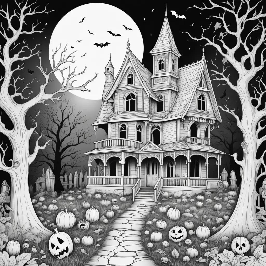 spooky coloring page features a haunted house, pumpkins, and bats