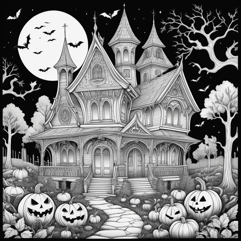 spooky house with pumpkins in a night sky