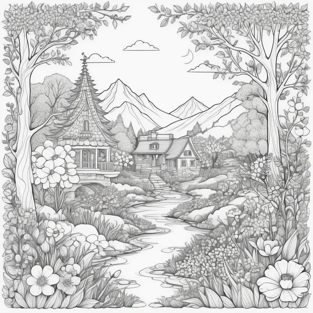 spring coloring page features a forest scene with flowers