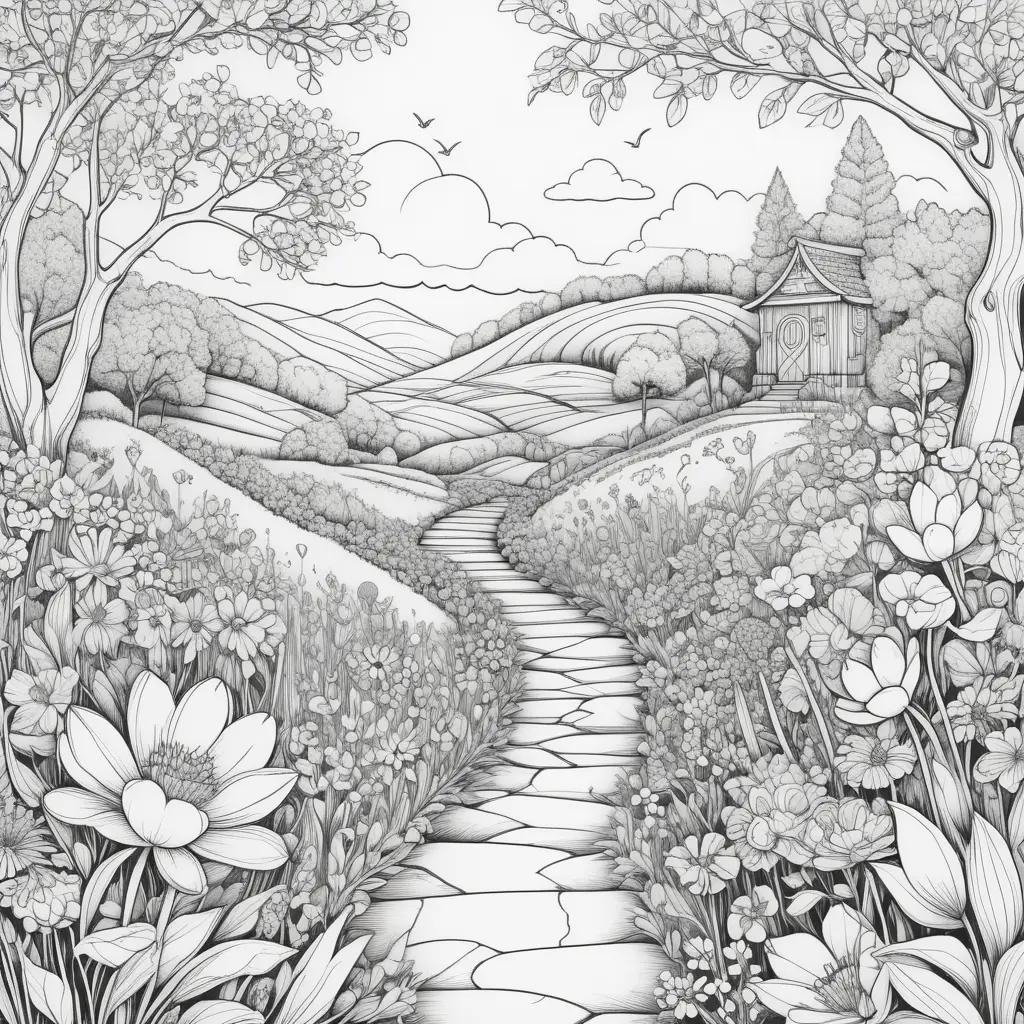 spring coloring page features a path through a field of flowers