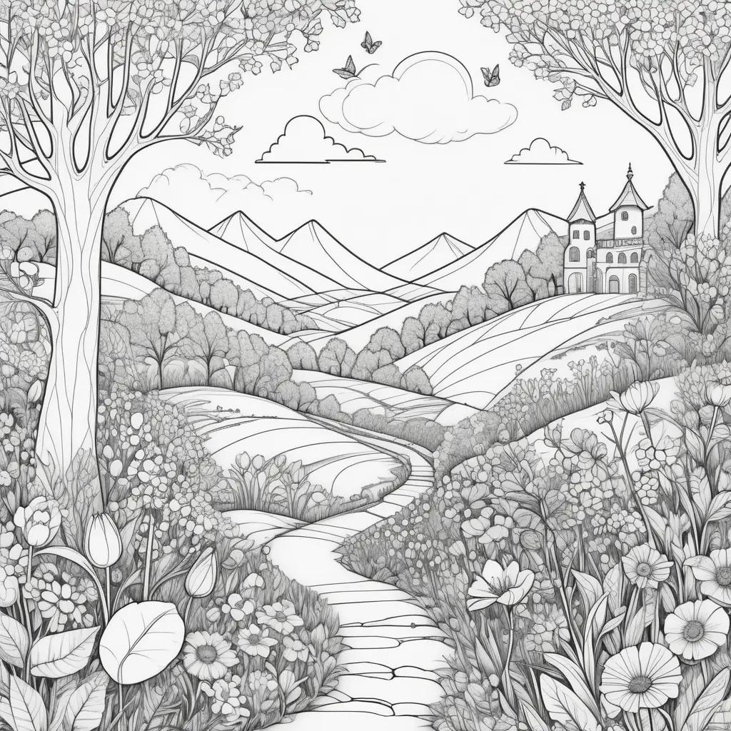 spring coloring page features a path through a garden