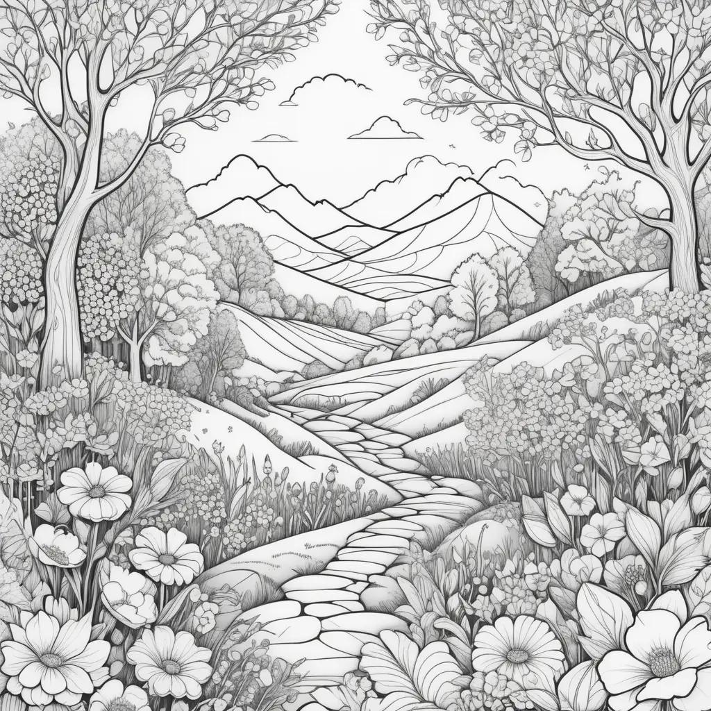 spring coloring page features a serene landscape with a path, flowers, and mountains