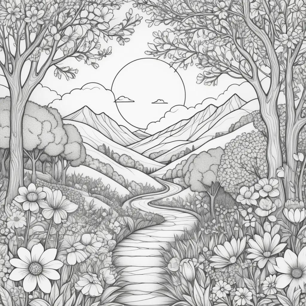 spring coloring page features a winding path and a river