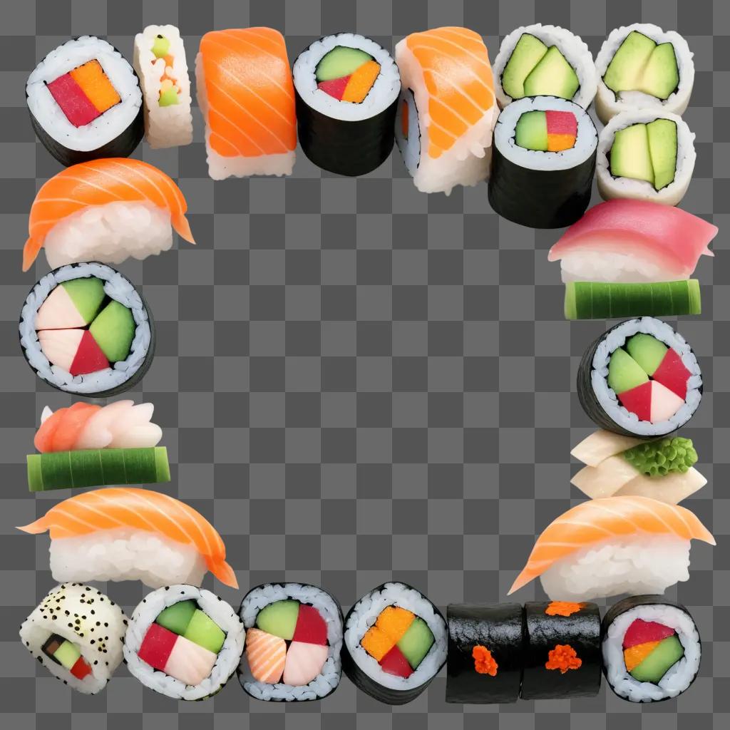 square of sushi rolls with various fillings