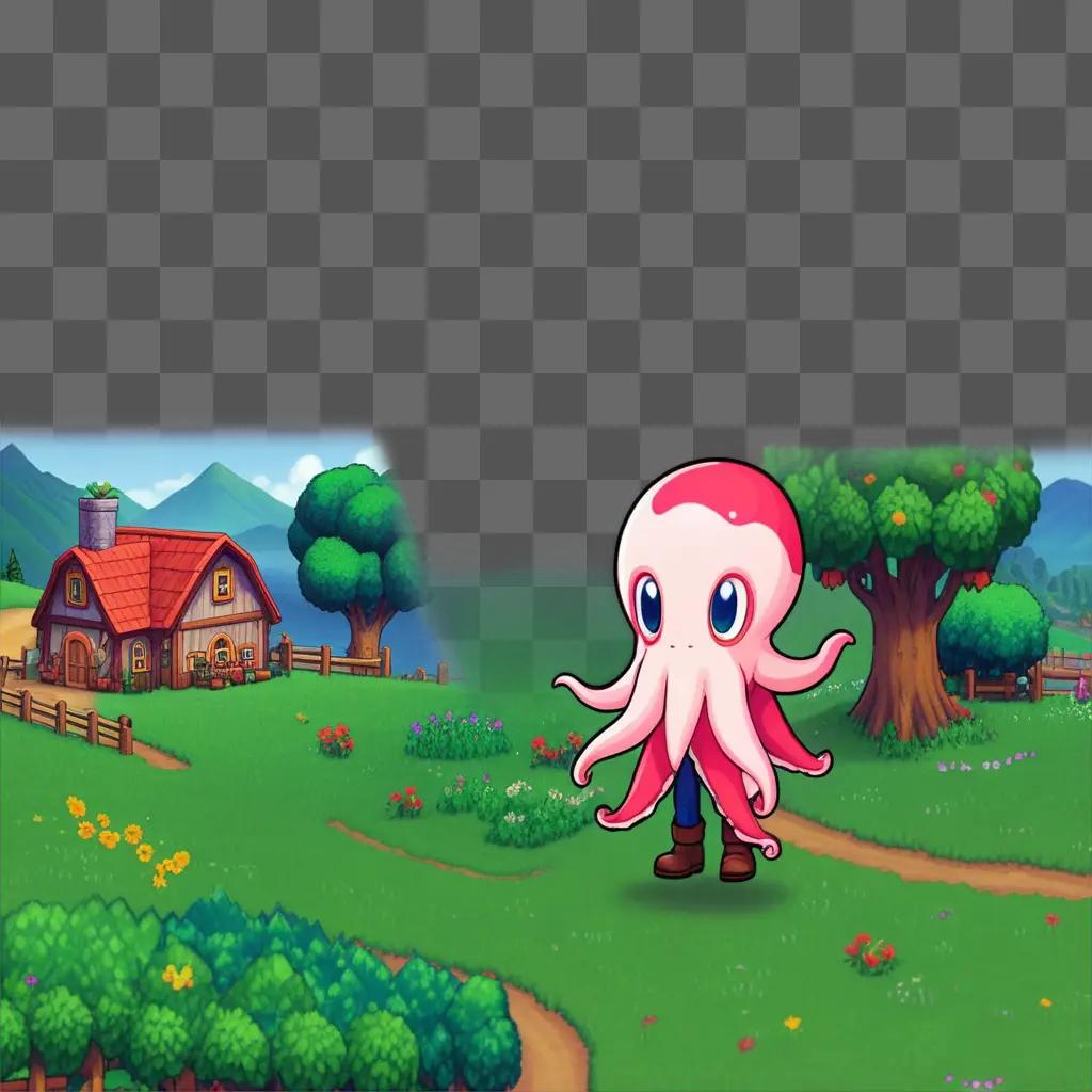 squid kid is standing in a green grassy field