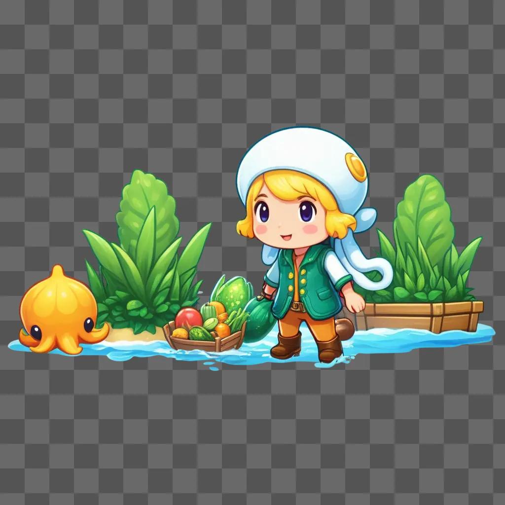 squid kid stands beside a basket of fruit in a watery world