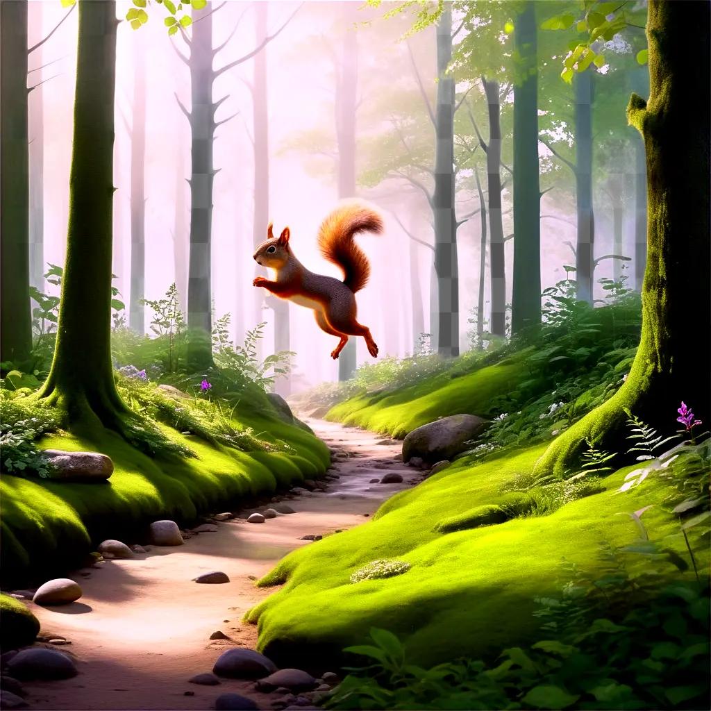 squirrel leaps through a lush forest