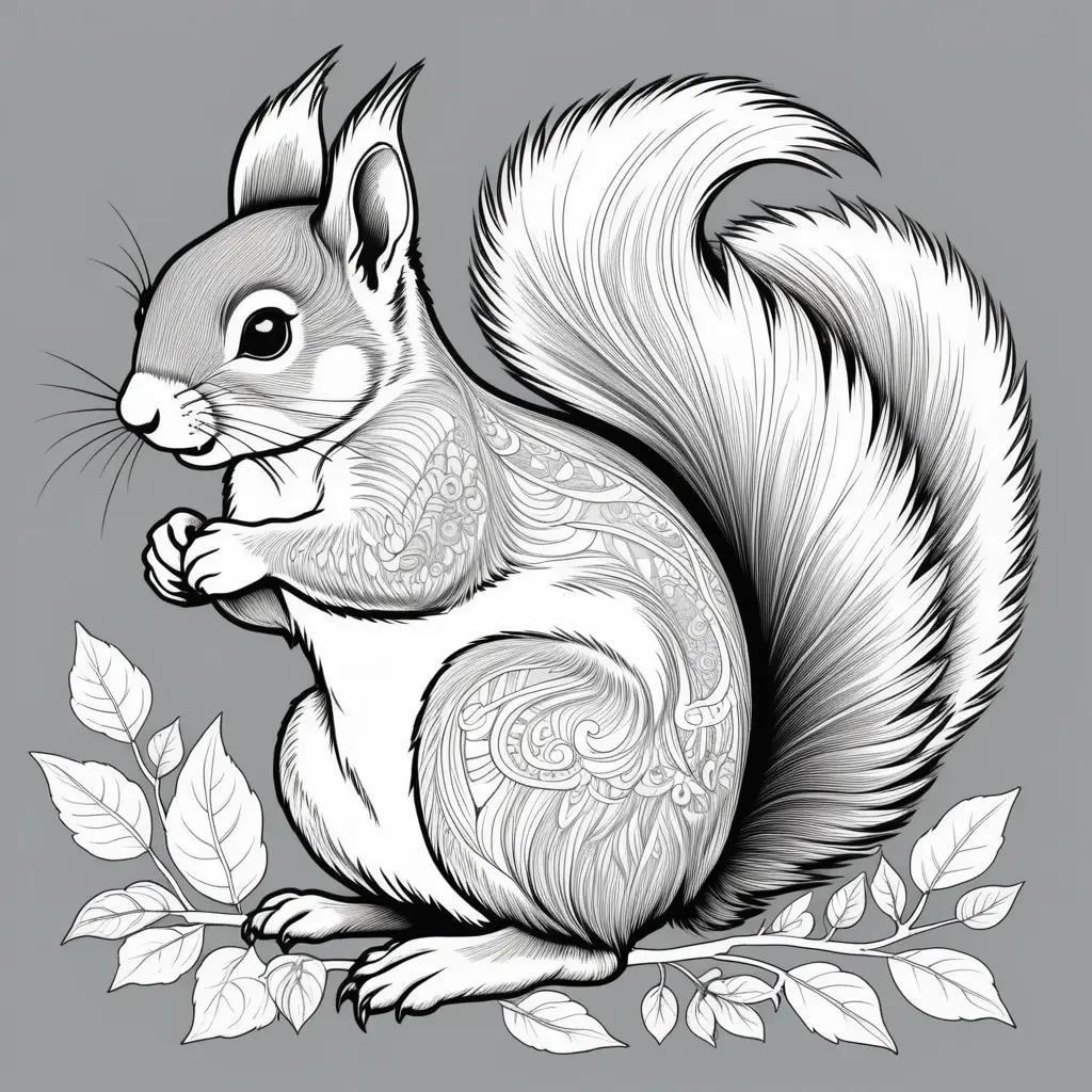 squirrel sits on a leafy branch in a coloring page