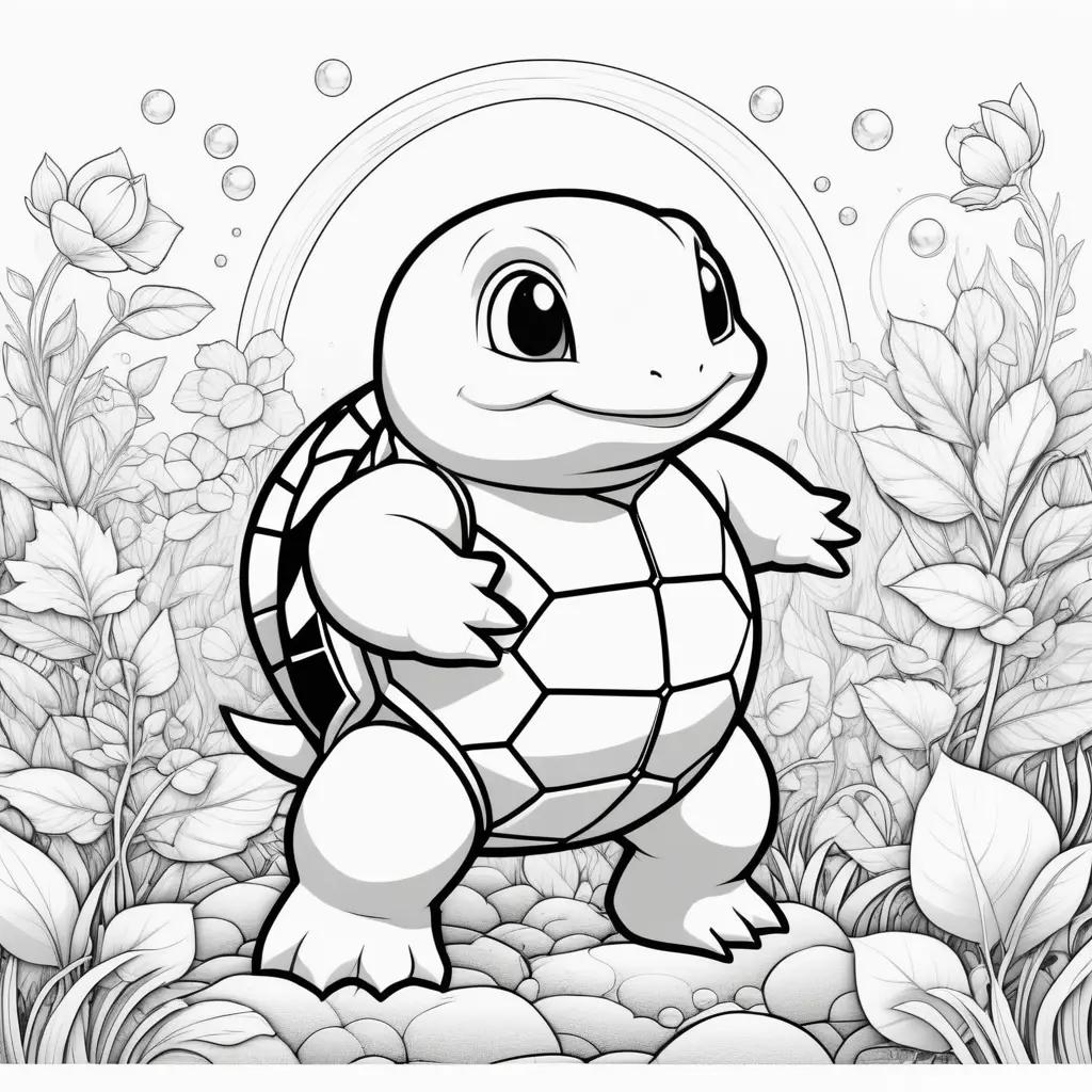 squirtle coloring page with bubbles and flowers