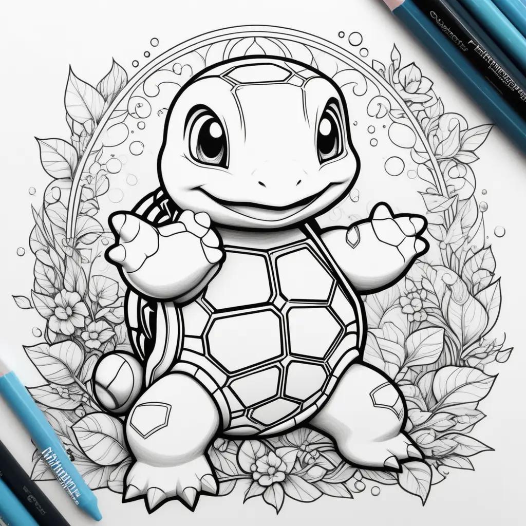 squirtle coloring page with flowers and a circle