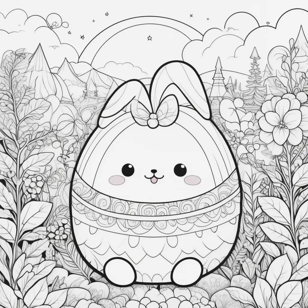 squishmallow coloring page featuring a bunny in a flowerbed