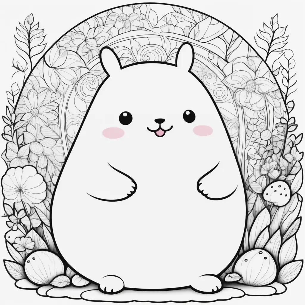 squishmallow coloring page with a cute white squishmallow in the middle surrounded by flowers and mushrooms