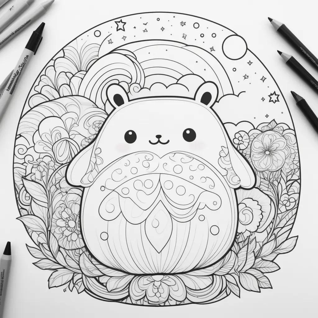 squishmallow coloring page with black and white stars and clouds