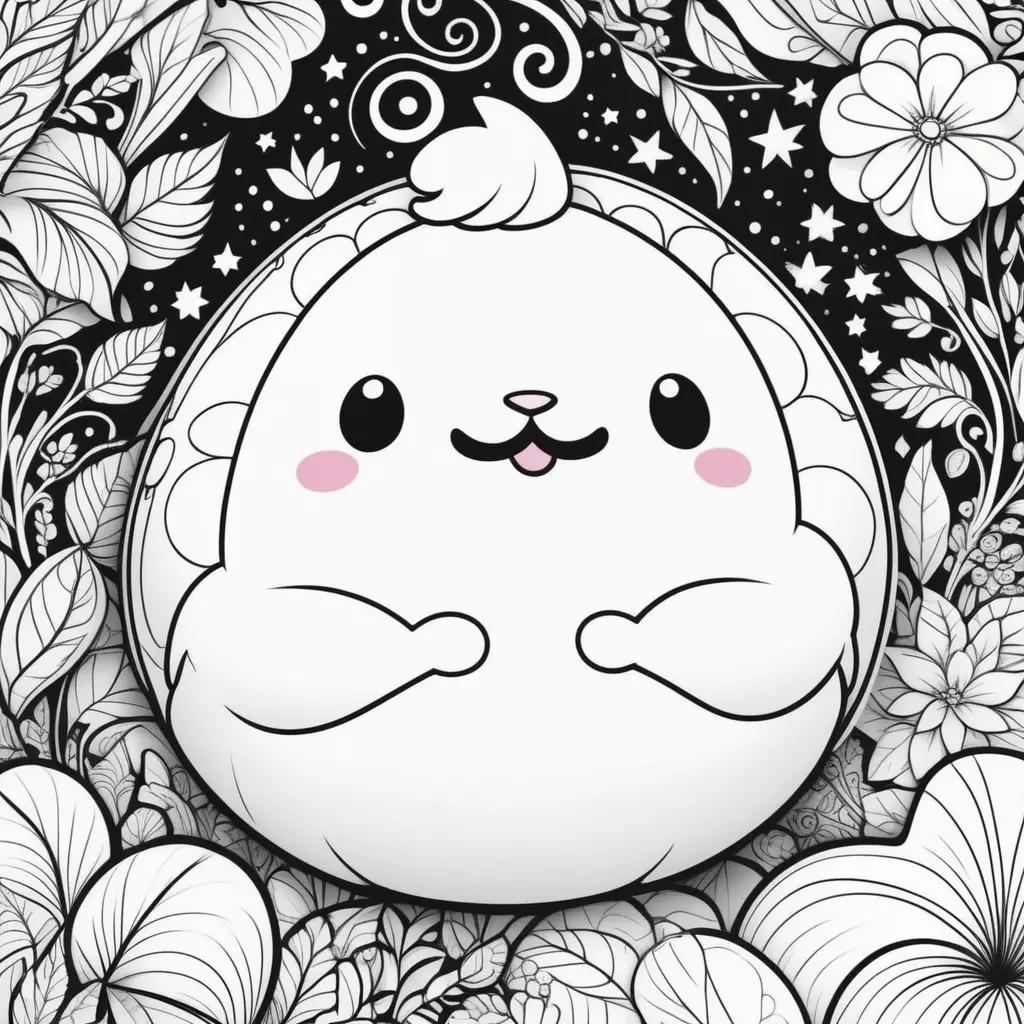 squishmallow coloring page with cute face and flowers