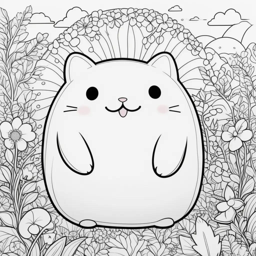 squishy cat coloring page with flowers and clouds