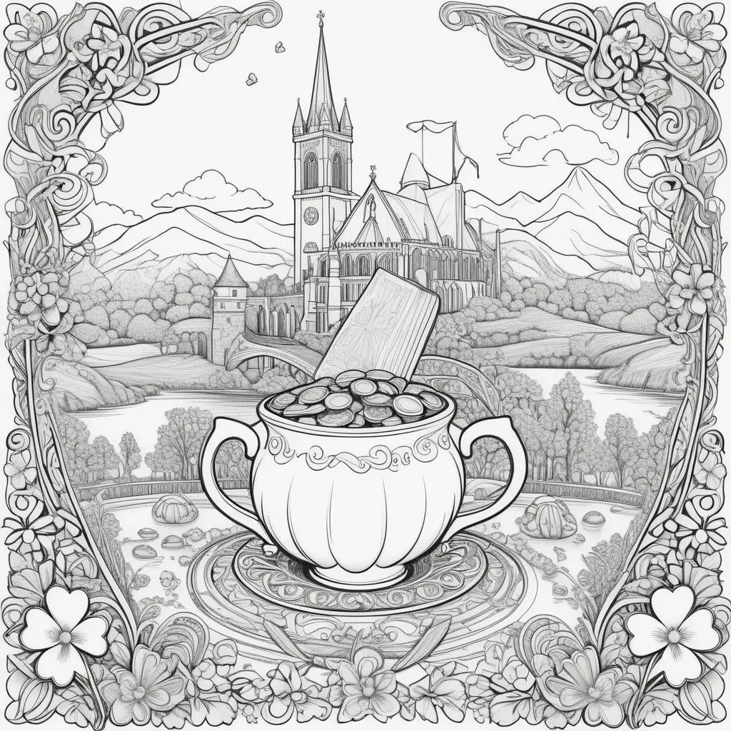 st Patricks Day coloring page features a castle, a boat, and a cup of coins