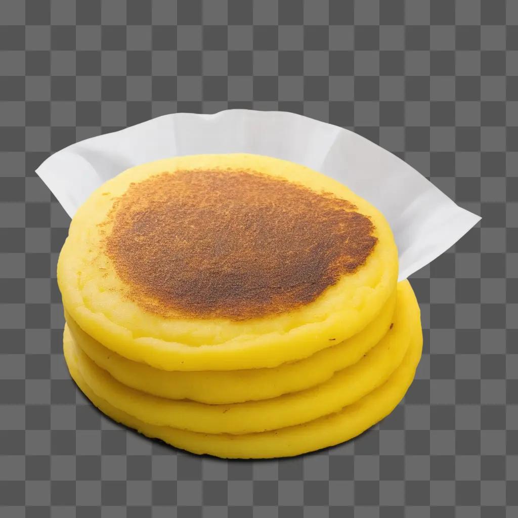 stack of arepas sit on a yellow background