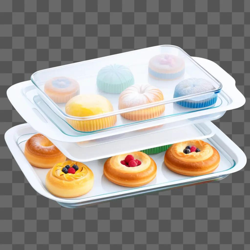 stack of baking trays with various baked goods