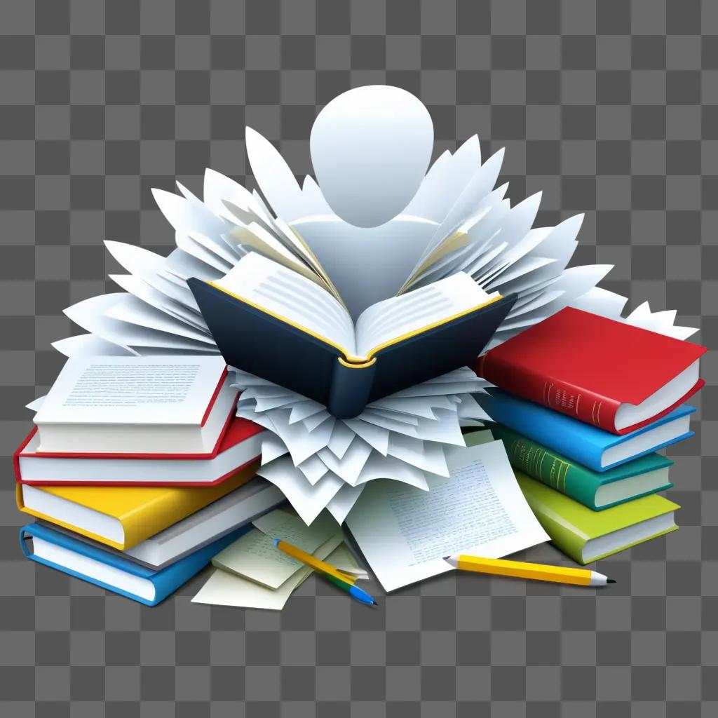 stack of books and a pencil, all in a colorful clipart