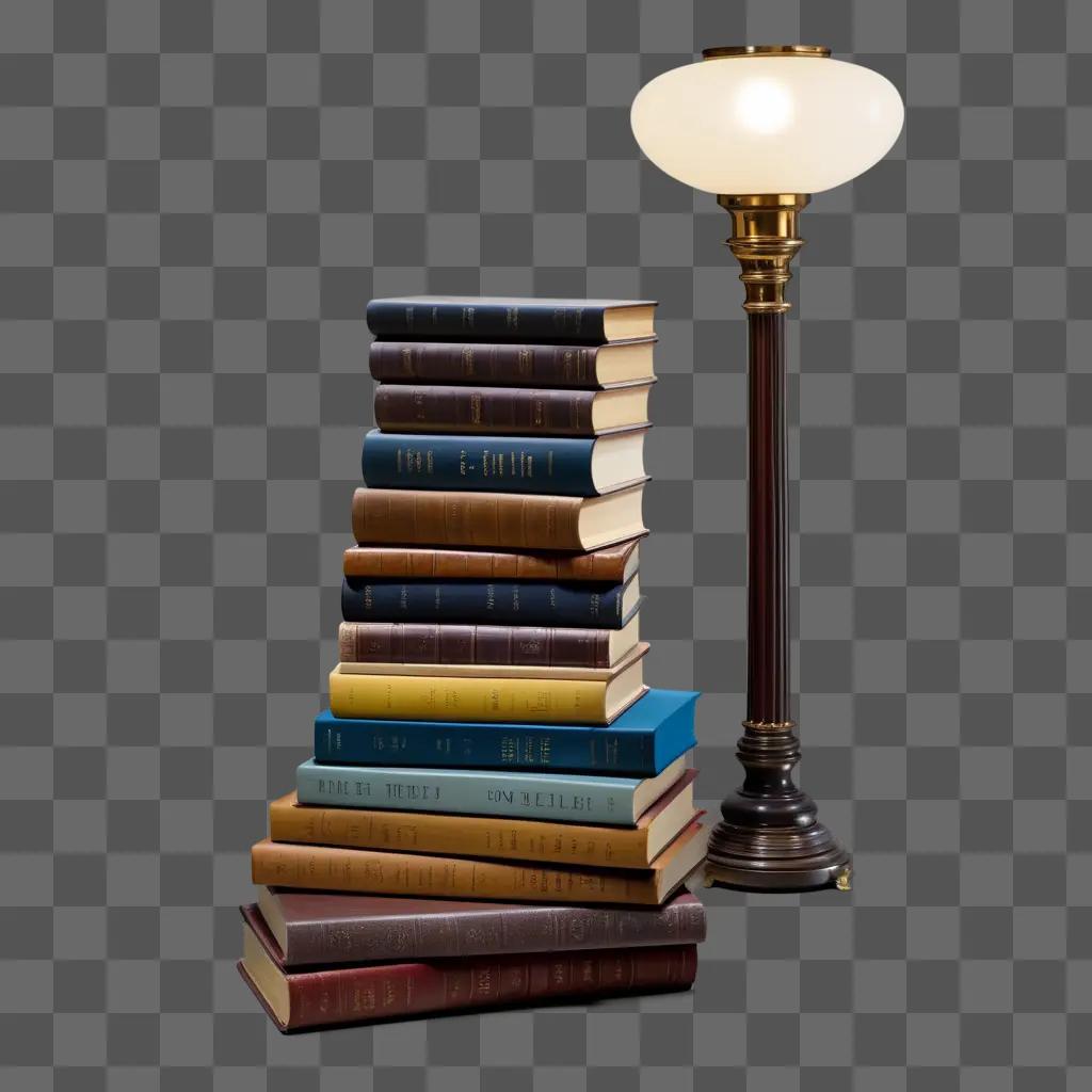 stack of books on a desk with a lamp