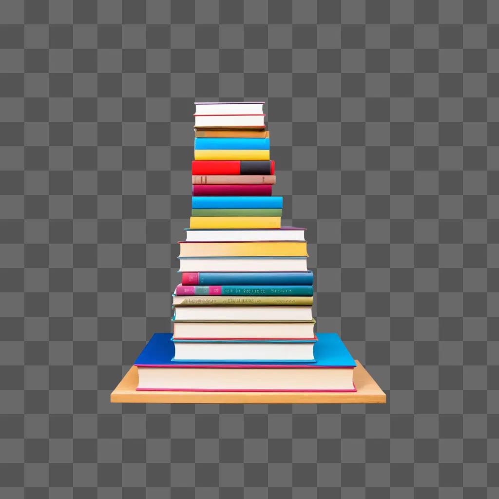 stack of books sits on a wooden shelf