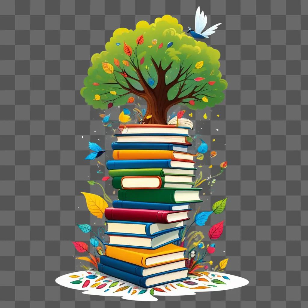 stack of books with colorful illustrations on a cartoon tree