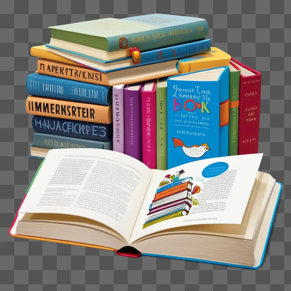 stack of colorful books with a cartoon bird