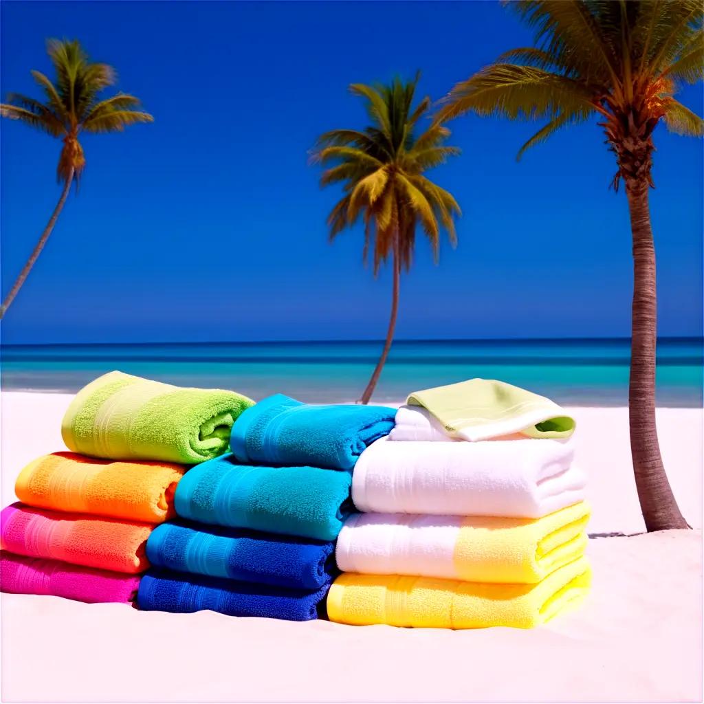 stack of colorful towels on a sandy beach