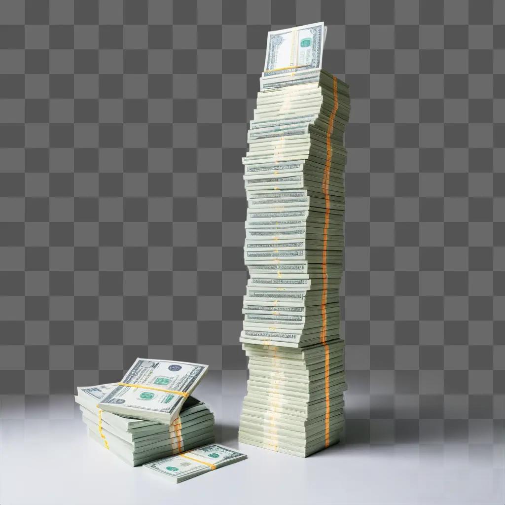 stack of money is towering over a pile of folded bills