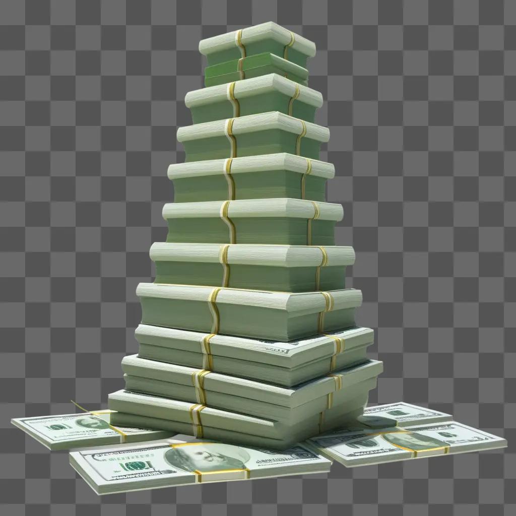 stack of money on a desk, towering like a pyramid