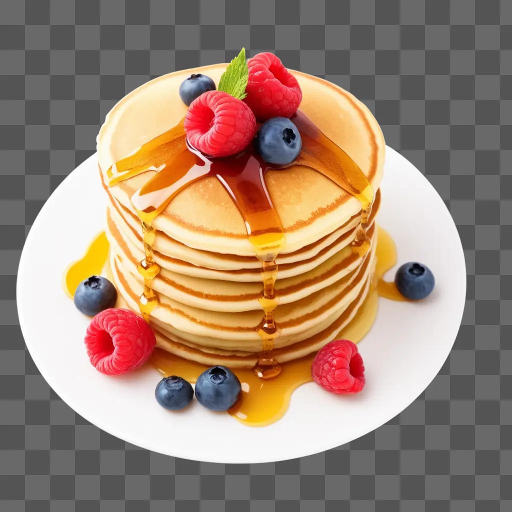 stack of pancakes with syrup and berries