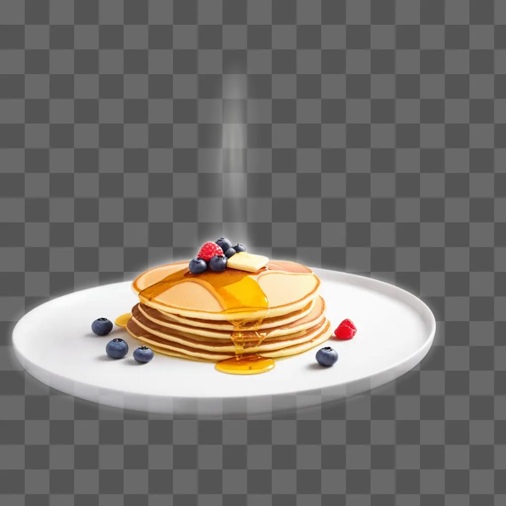 stack of pancakes with syrup and berries on a plate