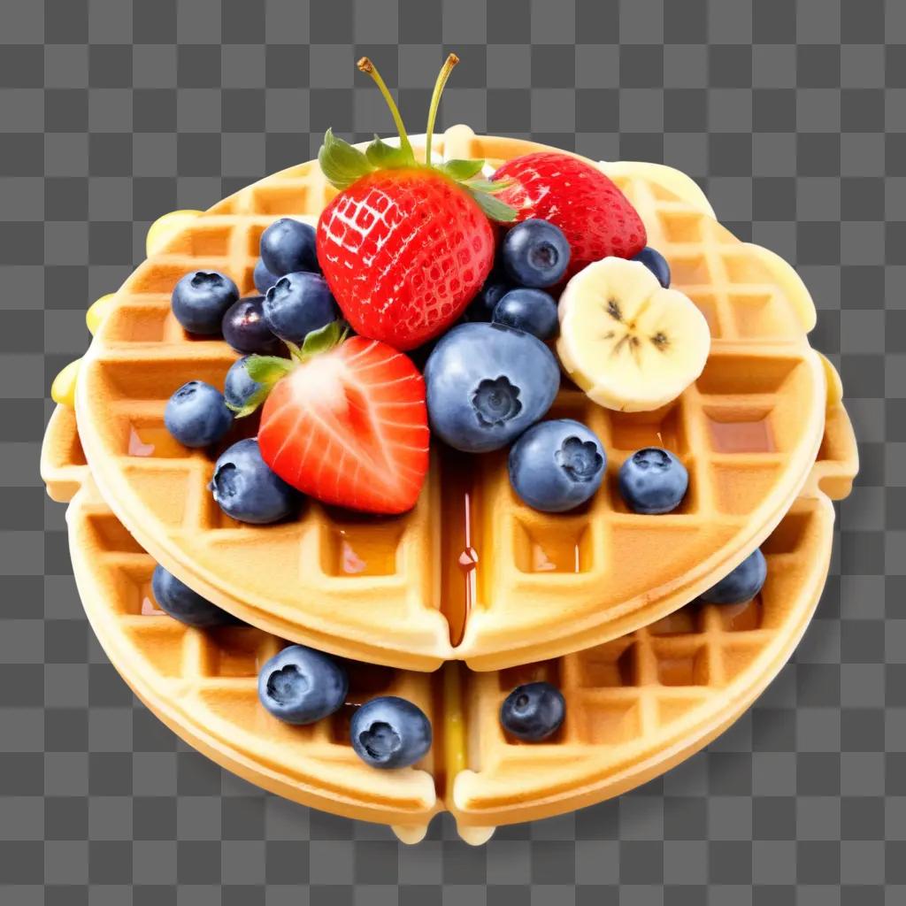 stack of waffles with fruit and syrup