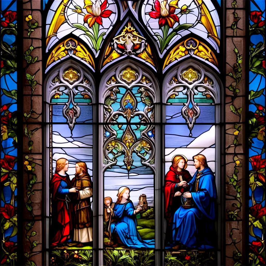 stained glass window depicts a religious scene