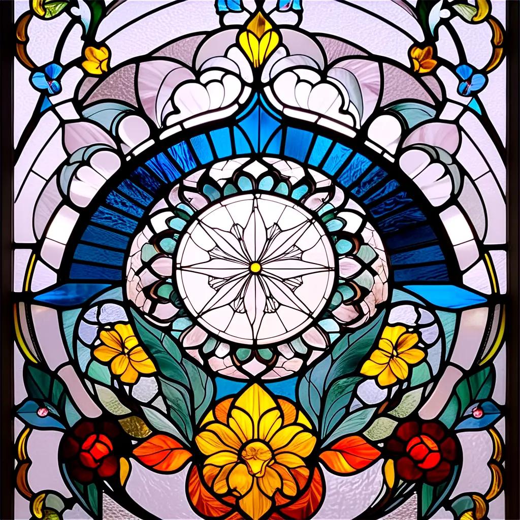 stained glass window displays a flower and a star