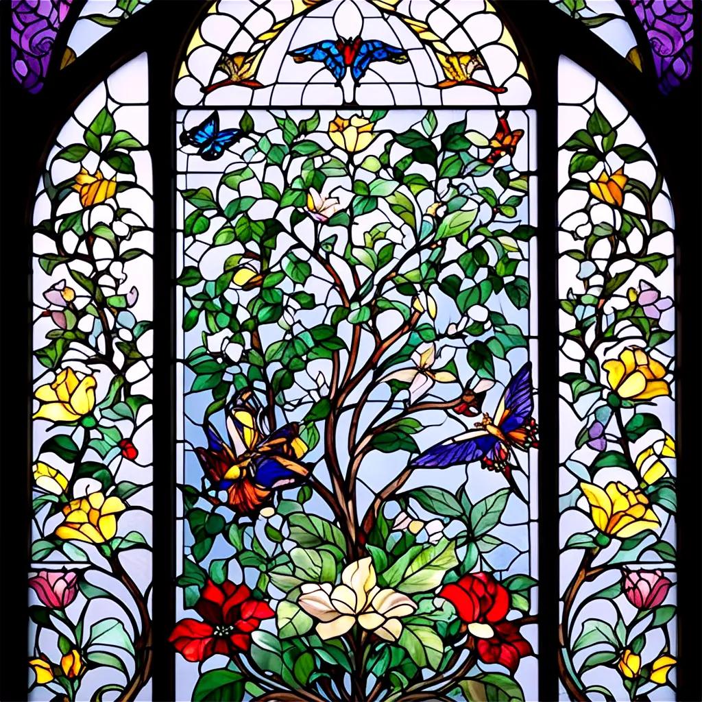 stained glass window with butterflies and flowers