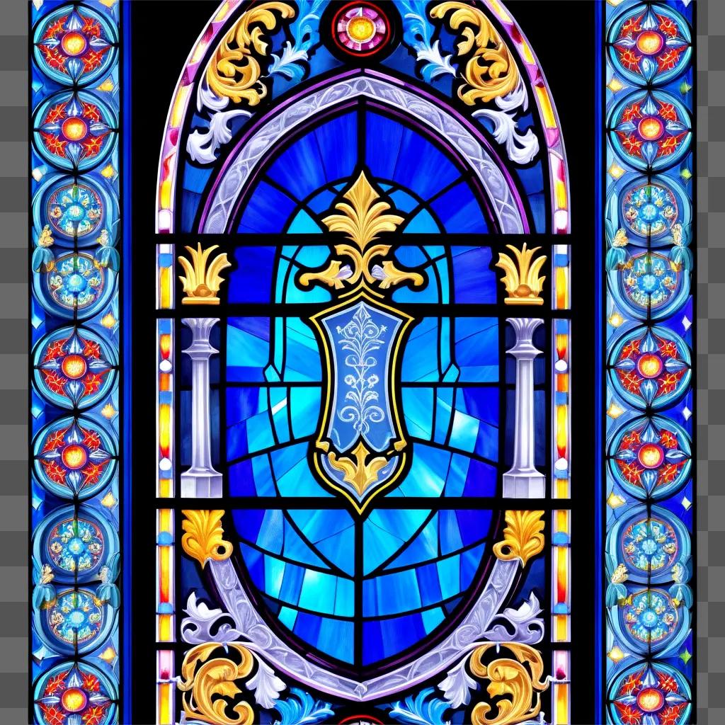 stained glass window with gold accents and blue designs