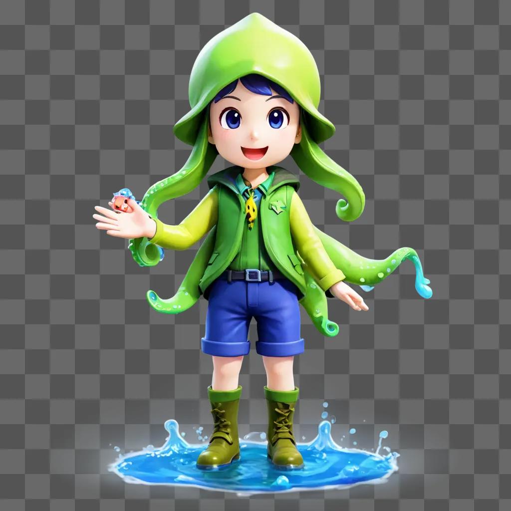 stardew valley squid kid A girl in a green outfit stands in water