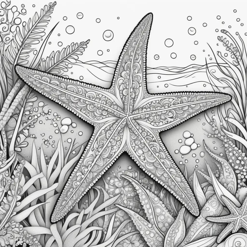 starfish coloring page with bubbles and plants