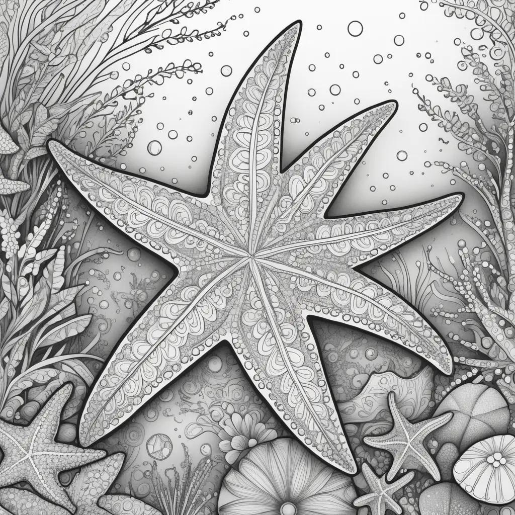 starfish coloring page with bubbles and seaweed