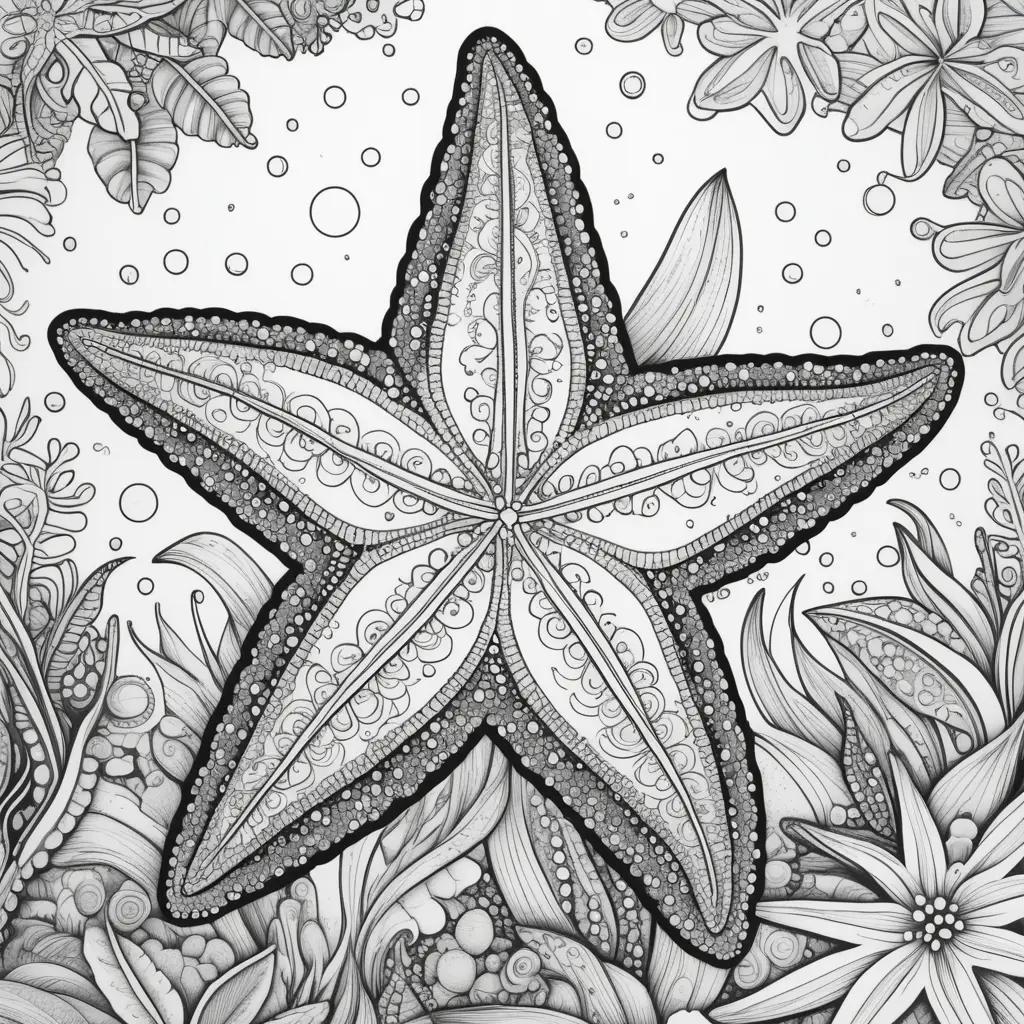 starfish coloring page with underwater flowers and bubbles