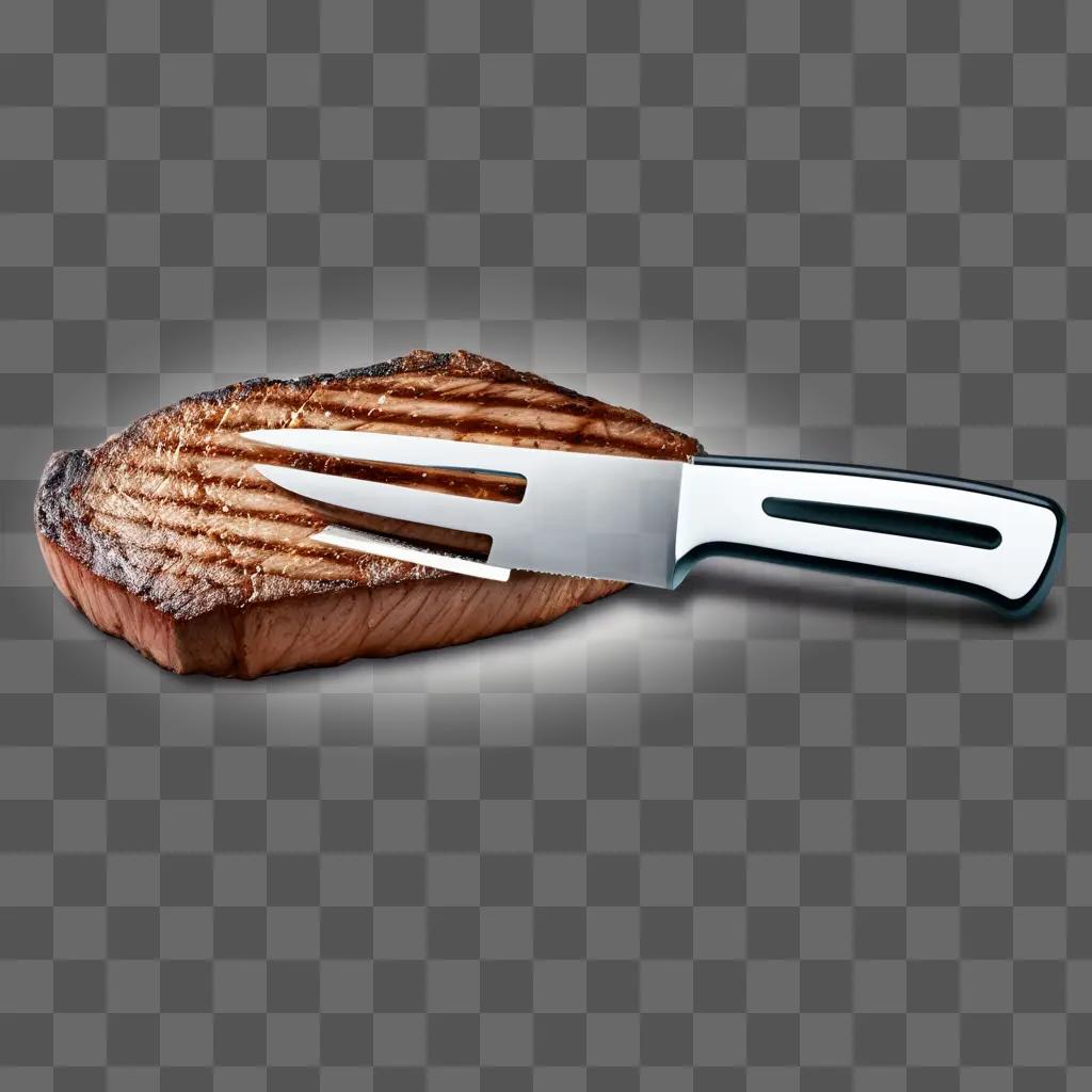 steak is held by a knife on a white plate