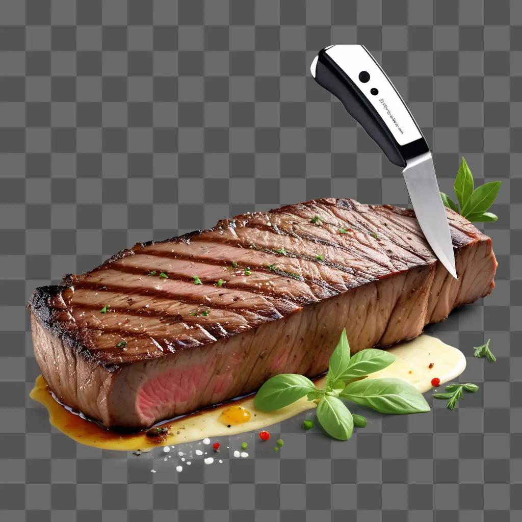 steak is presented on a plate with a knife and herbs