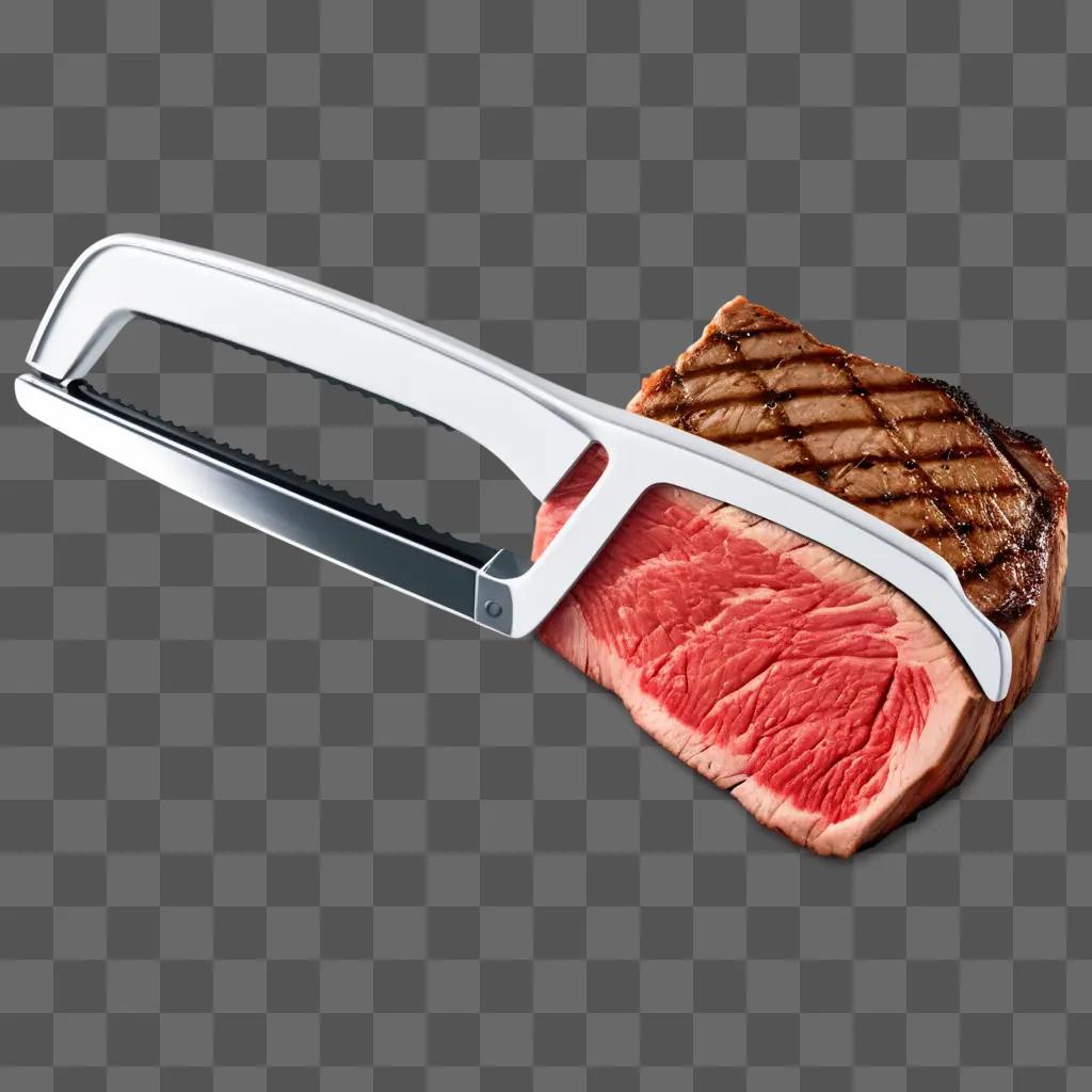 steak is served with a knife on a table