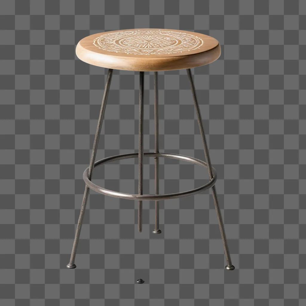 stool with a design on it sits in the center of the frame